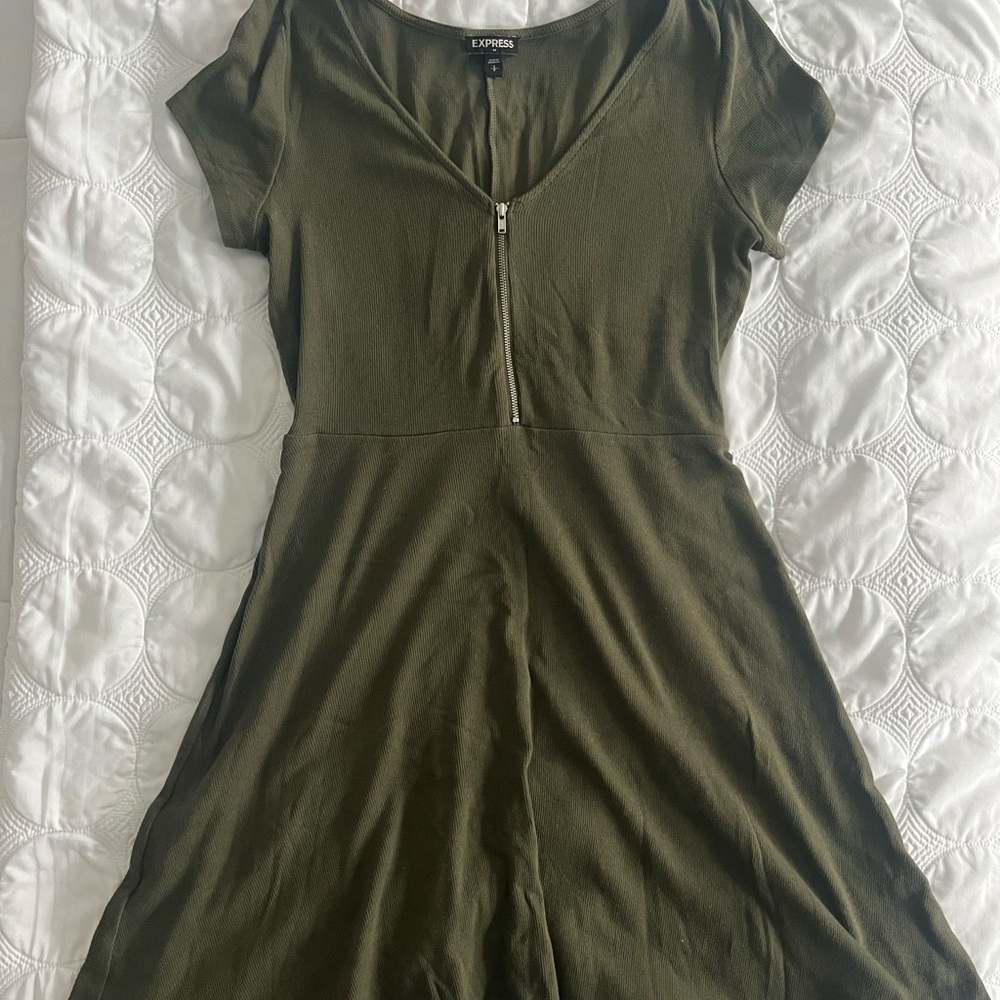 Express Olive Mini Dress with Zip Front